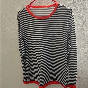 Striped Long Sleeve Shirt with Orange accent and navy stripes.